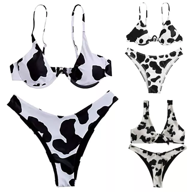 Women's Sexy Bikini Set High Breast Contrast Cow Print Tube Tops Split Swimsuit