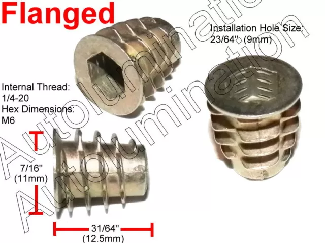 E-Z LOK 1/4-20 Die Cast Zinc Hex Drive Threaded Insert Wood Flanged Unflanged