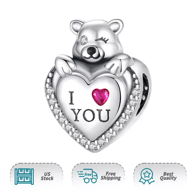 Authentic S925 I Love You Heart Bear Heart Charm Women Bracelets Necklace Charms