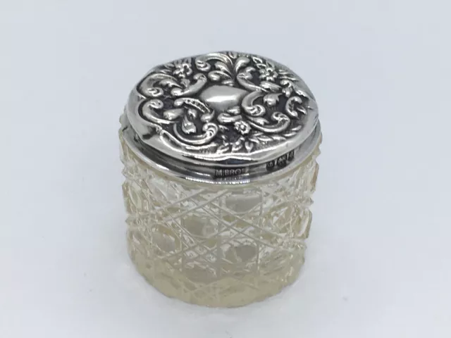 Small Edwardian Solid Sterling Silver Topped Cut Glass dressing table jar / pot
