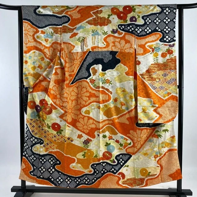 Japanese Kimono Furisode Pure Silk Chrysanthemum Cloisonne Orange Gold Thread