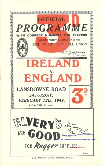 Ireland v England 12 Feb 1949 - Irish Triple Crown RUGBY PROGRAMME REPRODUCTION