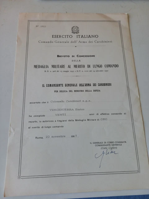 Diploma Militare Medaglia Al Merito Di Lungo Comando Oro