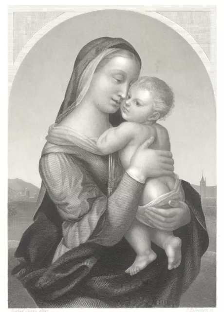 LA MADONNA E IL FIGLIO, di  RAFFAELLO , incisione , 1850 + PASSEPARTOUT