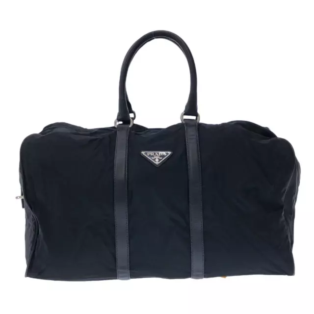 Auth PRADA - Black Dark Navy Nylon Leather Boston Bag