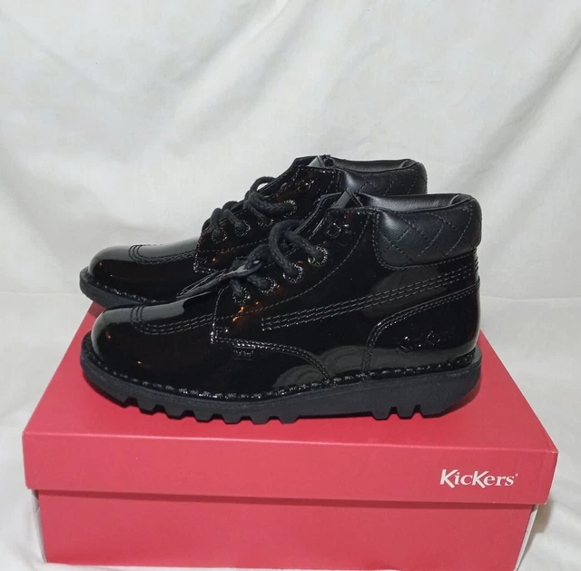 Scarpe da scuola Kickers Kick Hi Quilt ragazze in pelle verniciata nere taglia 3 uk nuove con etichette
