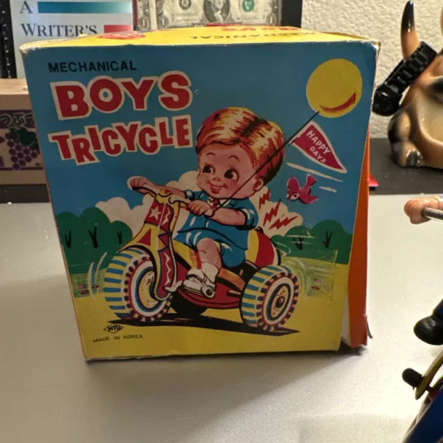 Vintage MTU Tin Wind-Up HAPPY DAYS BOY ON TRICYCLE In Original Box MADE IN KOREA 2