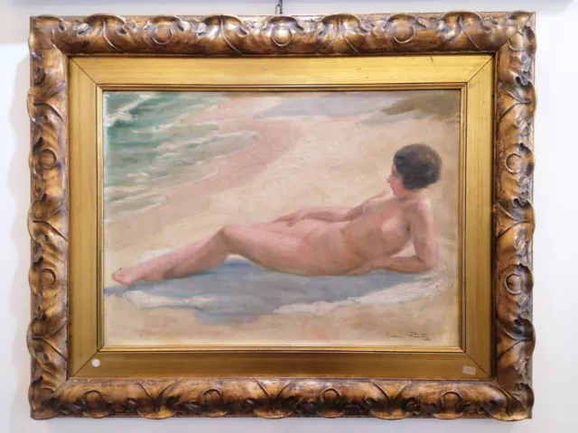 Antico olio su tela liberty nudo di donna al mare