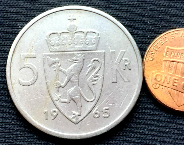 1965 Norway 5 Krone Coin XF AU  ( 2 Million Minted )  #K2134