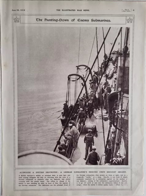 1916 Wwi Ww1 Print British Destroyer - German Submarine's Rescued Crew Aboard