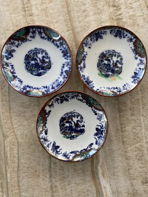 KG Luneville France Set of Three Antique Timor Flow Blue Plates Antique C.1891