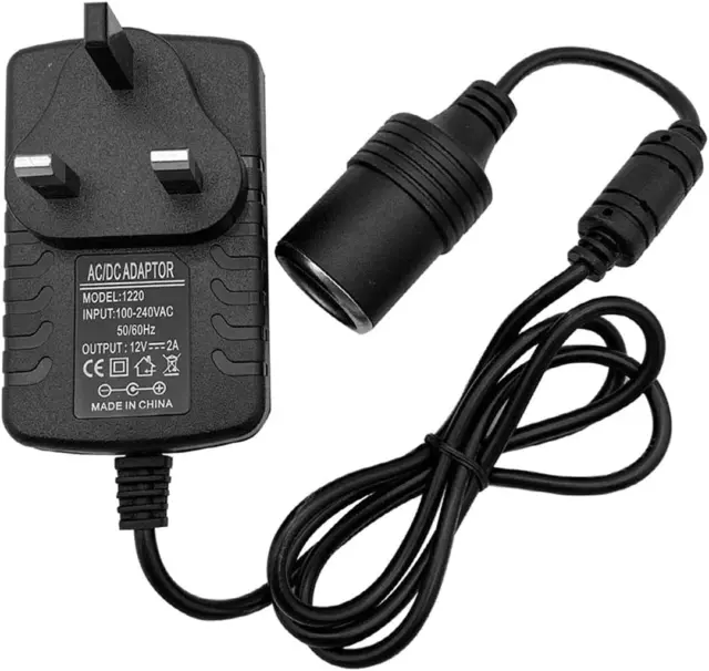 12V 2A Car Charger Power Adapter, UK Mains to Cigarette Lighter Socket Converter