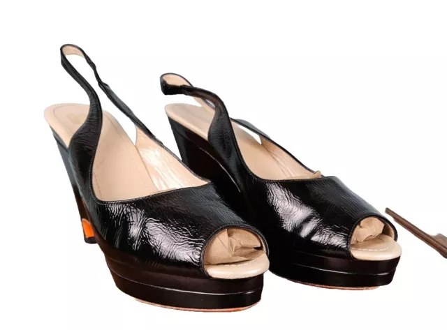 JILL SANDER BLACK Patent Leather Platform Wedge Slingback Heel Sandals ...