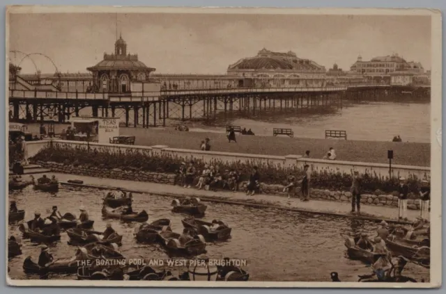 Brighton Boating Pool & West Pier Sussex England Vintage Unposted Postcard