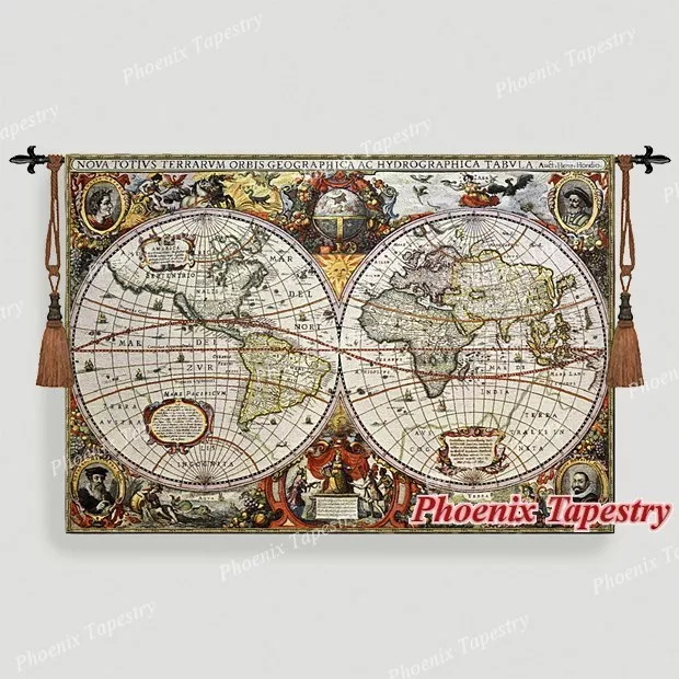 LARGE Antique Map Medieval Art Tapestry Wall Hanging, Cotton 100%, 55"x38", AU