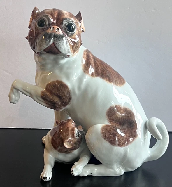 Dresden Porcelain Carl Thieme Large 9.5" FEMALE PUG Nursing PUP Figurine Mint