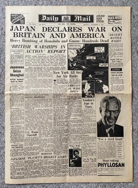 Pearl Harbor/Japan Declaration Of War Daily Mail  Reprinted Newspaper 8 Dec 1941