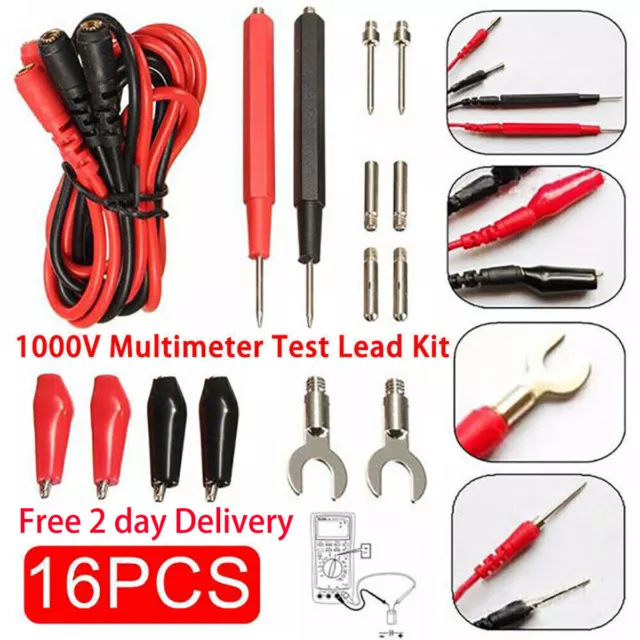 16x Digital Multimeter Probe Test Lead Kit Cable Alligator Clip Needle Tip Sets