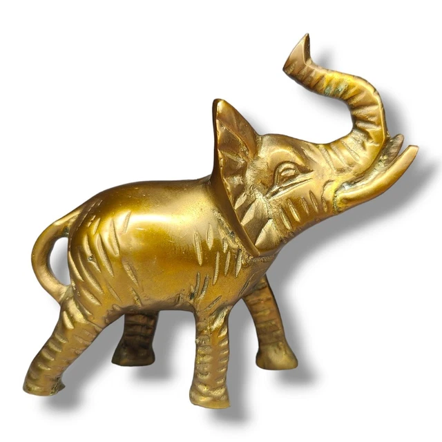 VINTAGE MINIATURE SOLID Brass Elephant Raised Trunk Figurine