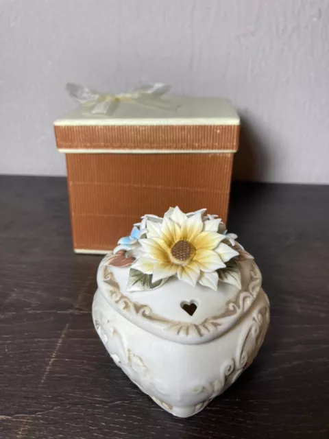 Vintage Capodimonte Heart Trinket Box Sunflowers Lorren Home Decor Italy Marked