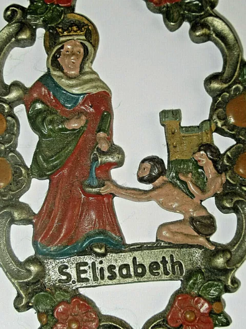 vintage S.Elisabeth  Andachtsbild Heiligenbild religiöse Metalldeko Kühn ? Zinn 3