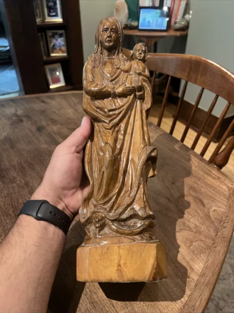 16” Tall Antique Hand Carved Religious Figure Statue Mary Madonna & Jesus Olive