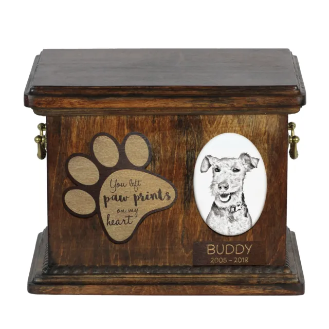 Welsh Terrier - Urn for dog’s ashes with ceramic plate,description ArtDog UK