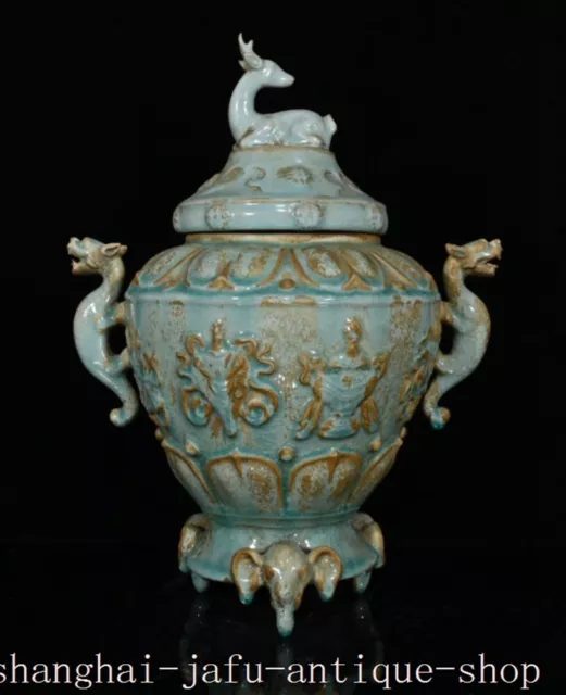 14.2" China Song Dynasty Ru kiln porcelain Eight treasures Incense burner Censer