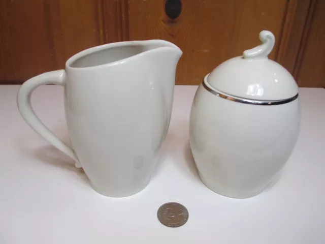 Royal Devon Simplicity Platinum Creamer & Sugar Bowl w/ Lid Set Cream Silver Rim