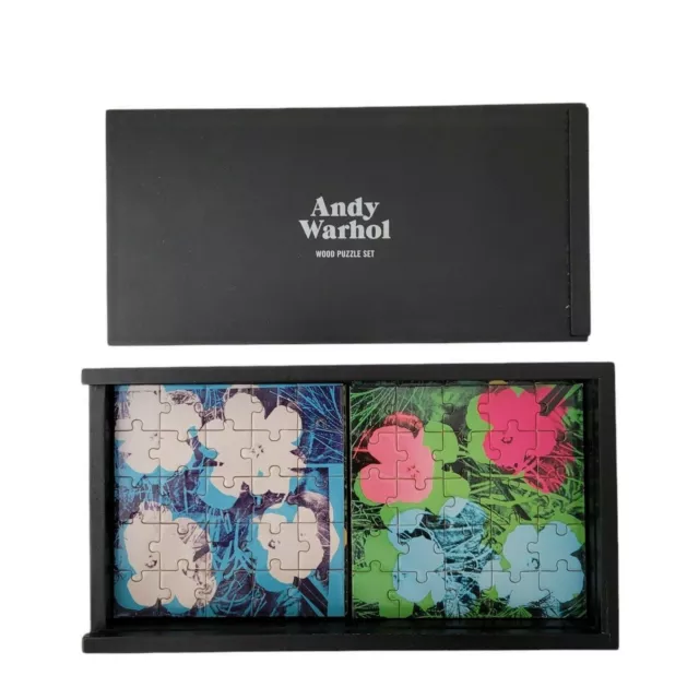 Andy Warhol Floral Wood Puzzle Set Six 25 Piece Puzzles In Sleek Black Wood Case