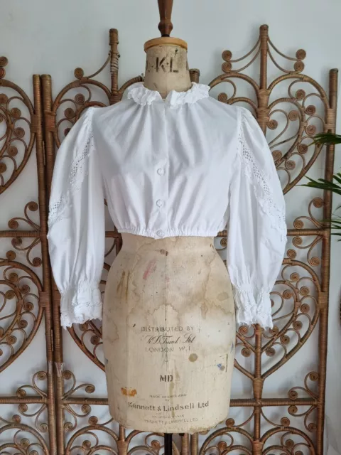 Vintage crochet embroidery milkmaid cottagecore cotton prairie crop blouse S