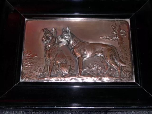 Large Antique German Shepherd Dog Silver Plated Plaque By F Diller 1915