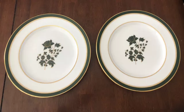 HTF Spode Bone China Y7759 Dinner Plates Set Of 2 10.5” Green Gold Flora England