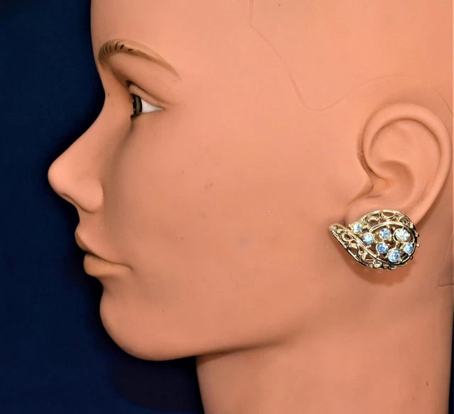 Vintage 50s Signé Coro Ton Argenté Bleu Clair Faux-Diamants avec Clip Oreilles
