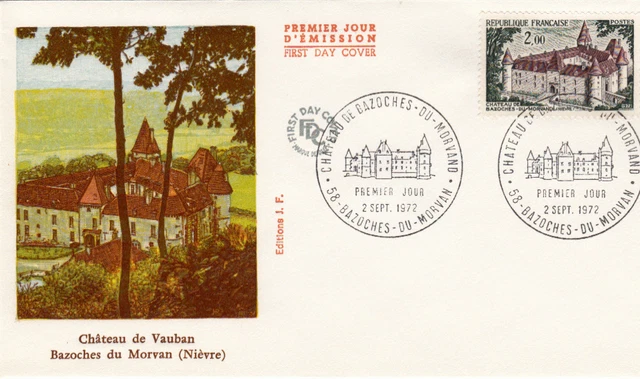 Enveloppe 1er Jour BAZOCHES-DU-MORVAN 02/09/1972 château de vauban timbrée