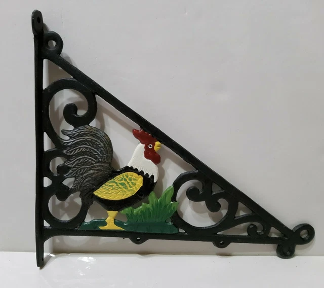 Vintage Rooster Cast Iron Triangular Plant Hanger Wall Mount Painted 10.5''x9''