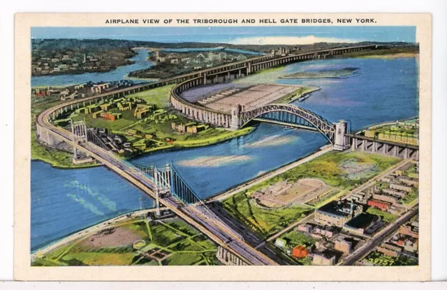 Airplane View of Triborough and Hell Gate Bridges, New York NY 1930-45 Postcard