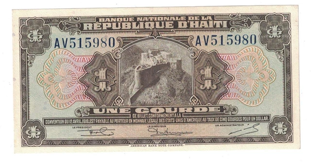 Haiti One Gourde banknote P178 AV515980 Choice almost Uncirculated AU58+