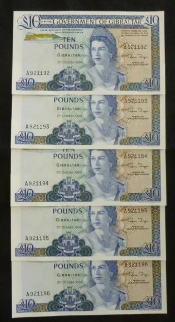 Gibraltar £10 Ten Pounds Banknote 1986 Unc 1 Note Consecutive Mint Run ( P226 )