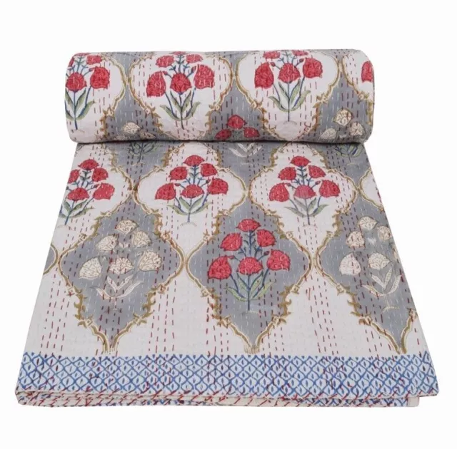 Indian Hand Block Print Cotton Kantha Quilt Throw Blanket Bedspread Twin/Double/