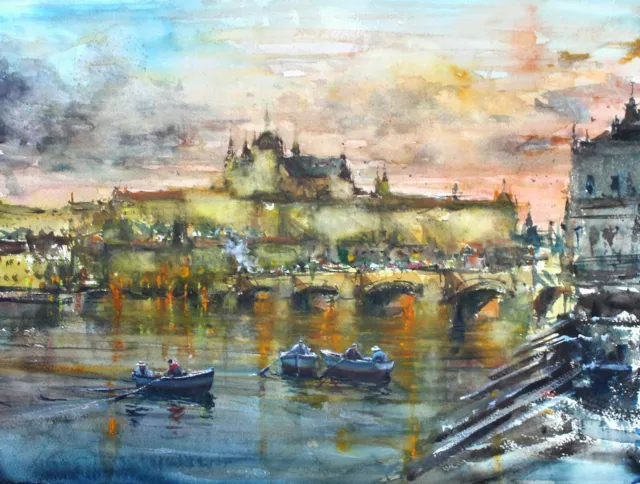 CITYSCAPE LANDSCAPE PAINTING WATERCOLOR ORIGINAL PRAGUE CASTLE RIVER 11x16 in