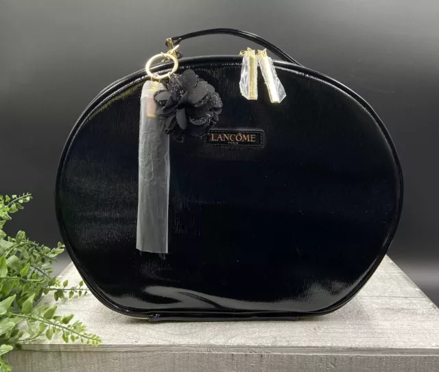 LARGE Lancôme Cosmetic Makeup Bag BLACK Round Tassel Flower Charm