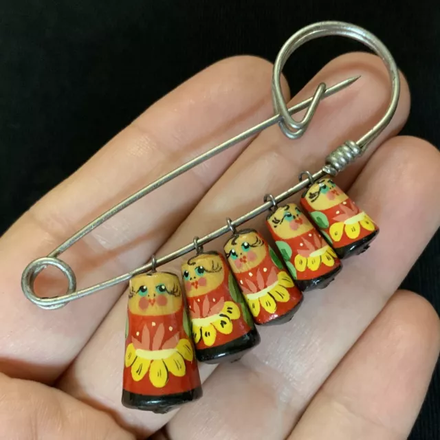 Vtg Russian Nesting Doll Painted Lacquer Dangle Brooch Pin 2.5 UNIQUE Matryoshka