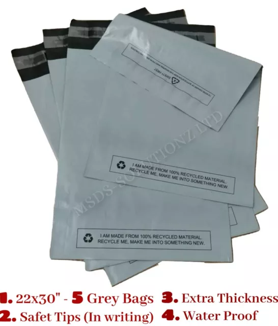 5 X GROSSE 560X760 mm SELBSTVERSIEGELUNG GRAU VERSANDTASCHEN KURIER PAKETVERPACKUNG 22""x30"