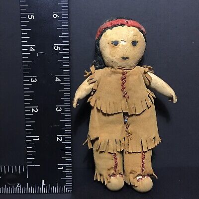 Antique Handcrafted Doll Buckskin Native American Indian Indigenous 6” Tall Cute