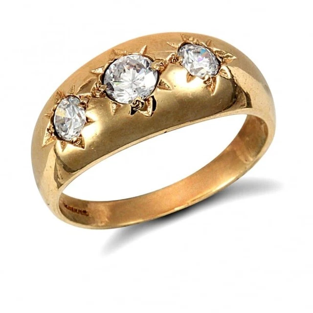 Women 9ct Yellow Gold Over Brilliant Diamond Star Set 3 Stone Trilogy Gypsy Ring