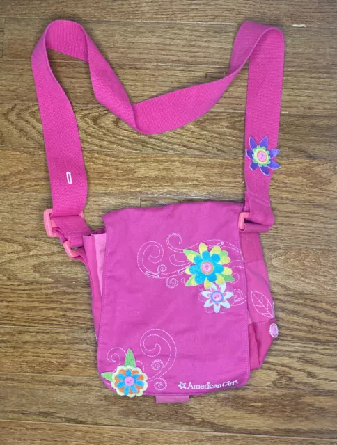 American Girl Crossbody Messenger Bag Purse Embroidered Pink Canvas Flowers