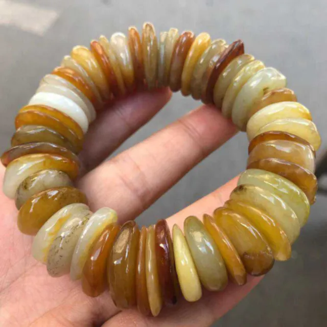 Large Special Pure Chinese Natural HeTian Jade Flat Beads Prayer Bracelet spread