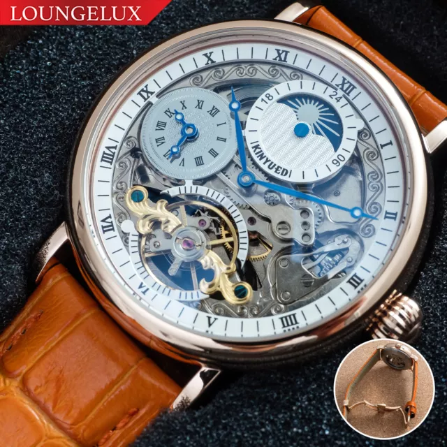 Mens Rose Gold Dual Time Skeleton Automatic Mechanical Watch Orange Leather