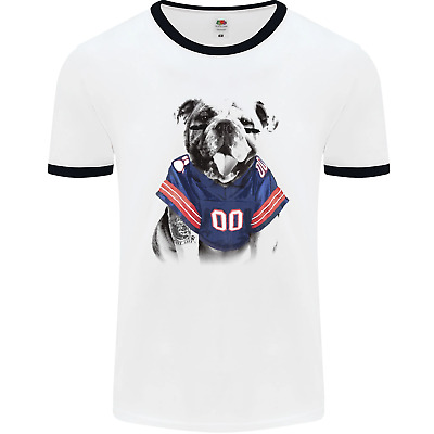 American Football Bulldog With Tattoos Mens White Ringer T-Shirt